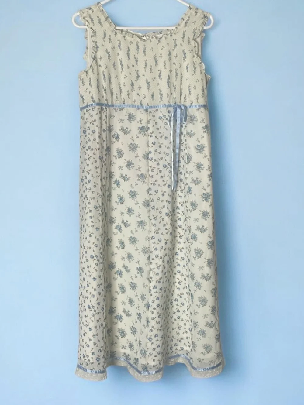 Vintage Canlemon Floral Midi Dress Cottagecore Lace Trim Blue White  - Size L